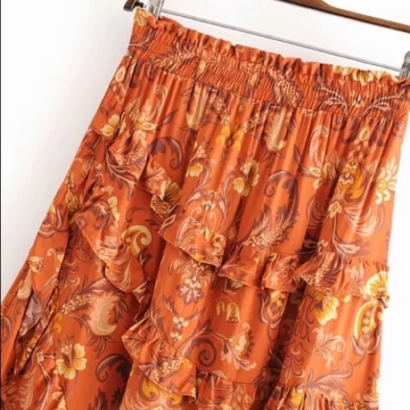 Rust Floral Bohemian Gypsy Ruffle Tier Maxi Skirt - Picture 8 of 8